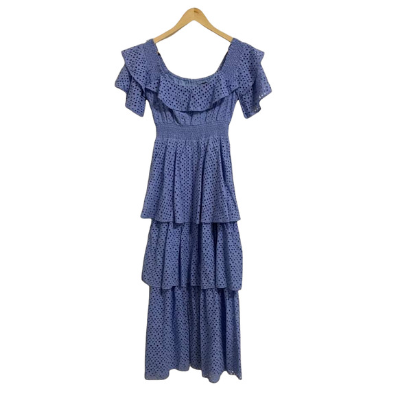 KENDALL + KYLIE Blue Eyelet Tiered Ruffle Anglaise Off-Shoulder Dress Size 4/6 - Picture 3 of 6